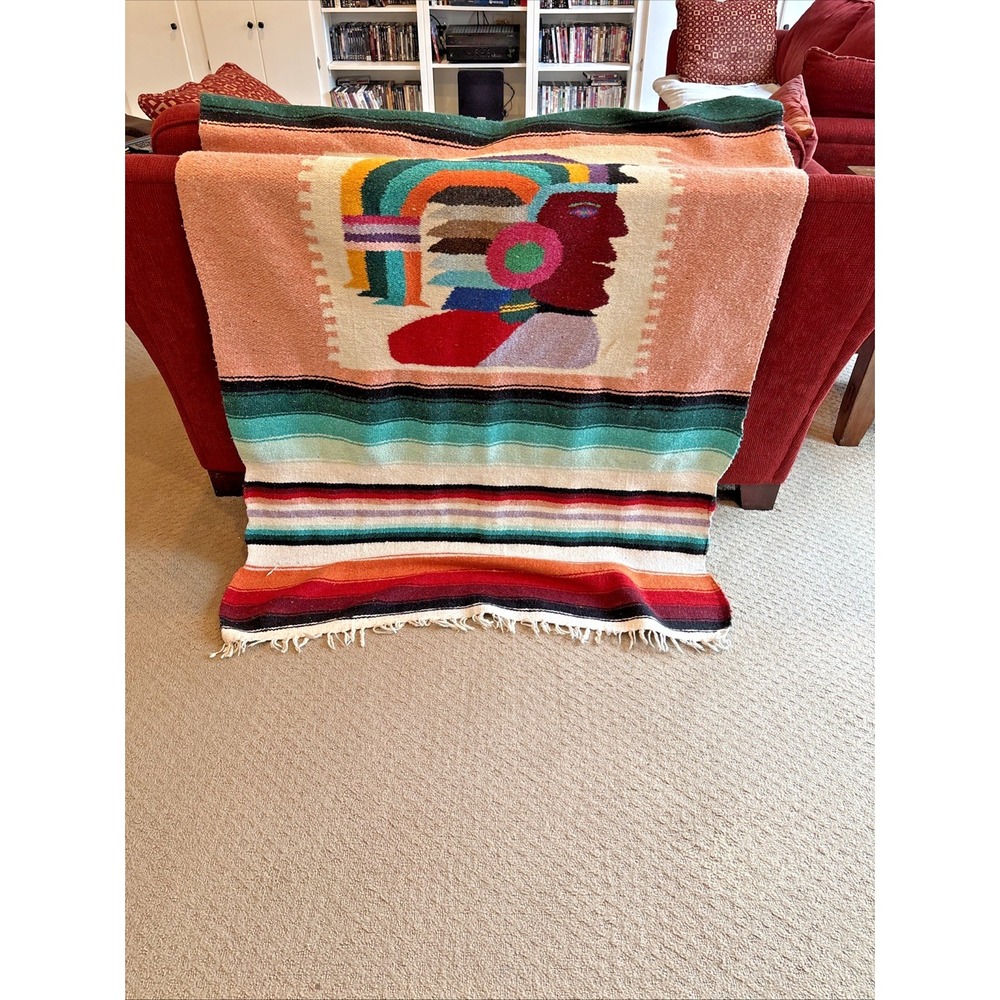 Handmade Woven Aztec Warrior Blanket Fringe Throw‎ Wall Hanging Mexican 75x43